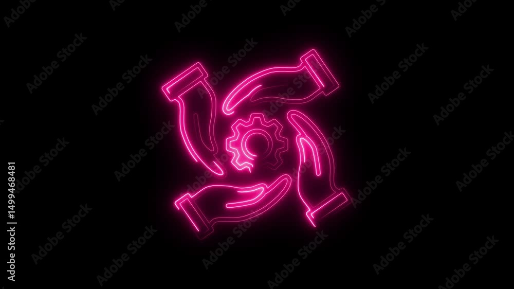 Pink neon hands surrounding gear rotating teamwork concept on black background Pink neon hands surrounding gear rotating teamwork concept on black background