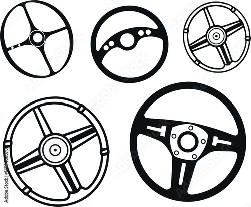 A collection of stylized, black and white line art car steering wheels.
