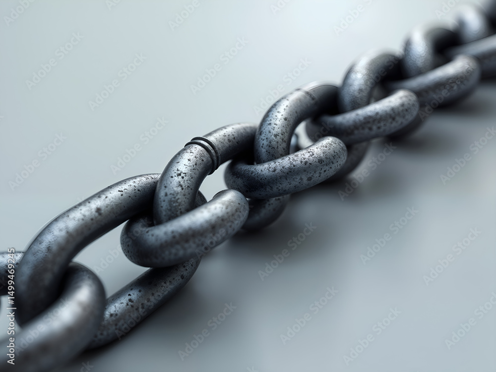 Fototapeta premium Close-up of strong metal chain links on grey background, great for strength or connection themes. Generative AI