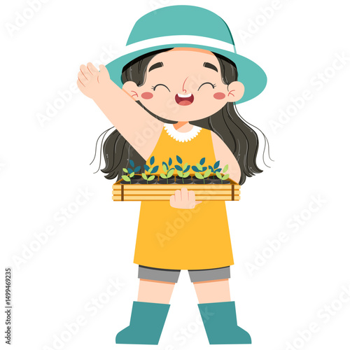 Adorable asian girl brings seedling in farmland in a summer