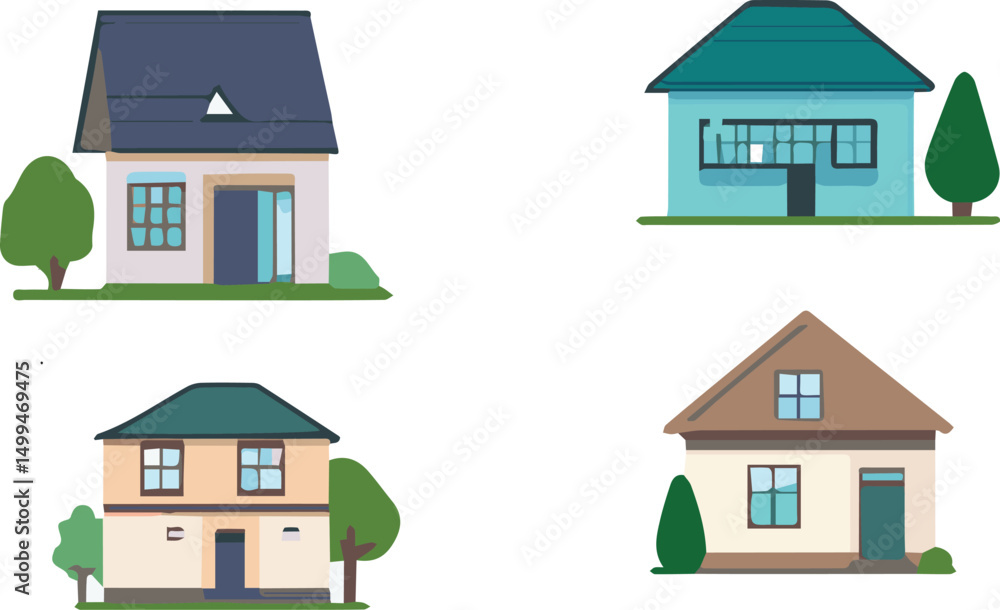 A diverse collection of house icons representing various architectural styles and housing types. A diverse collection of house icons representing various architectural styles and housing types.