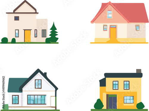 A diverse collection of house icons representing various architectural styles and housing types.