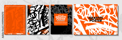 Modern graffiti art poster or flyer design with tags, throw up. Hand-drawn abstract graffiti illustration vector template with spray painted effects