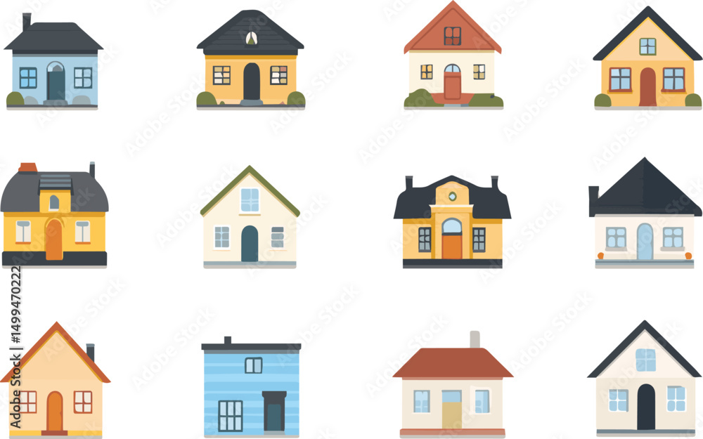 A diverse collection of house icons representing various architectural styles and housing types. A diverse collection of house icons representing various architectural styles and housing types.