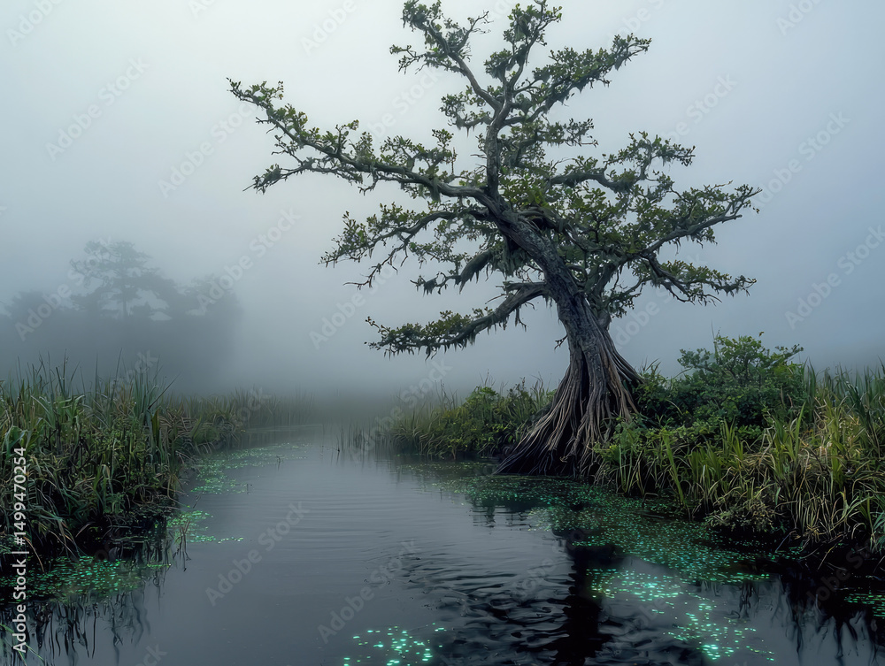Obraz premium Ancient tree misty swamp glowing water mysterious nature landscape tranquil morning