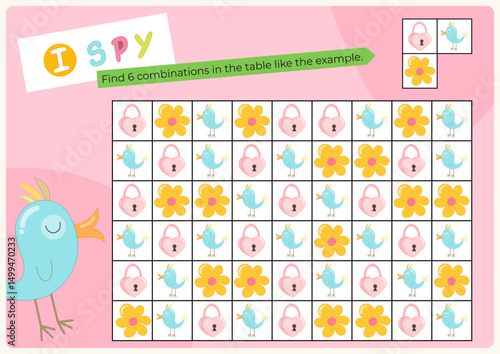 Activities for kids. I spy game. Find the combination with objects in table. Logic games for children. Vector illustration. Game to boost attention and focus. Flash card for activity book.