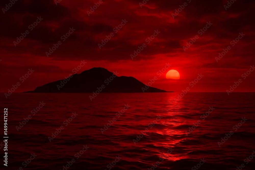 Fototapeta premium Bloody Red Sunset Over Water with Island Silhouette – Horror and Apocalypse Concept Background