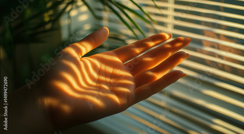 A hand is holding a window blinds and the sunlight is shining on it. The hand is casting a shadow on the blinds