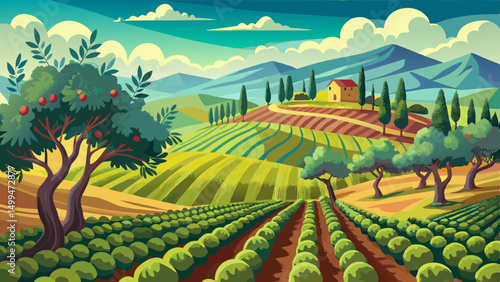 Cartoon illustration of rolling farmland with planted fields, fruit trees, hills and mountains under a bright cloudy sky