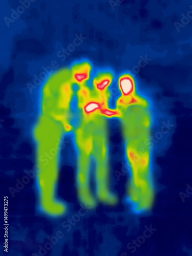 Drink a bottle for three. Three men drinking alcohol on the street standing. Image thermal imager device.