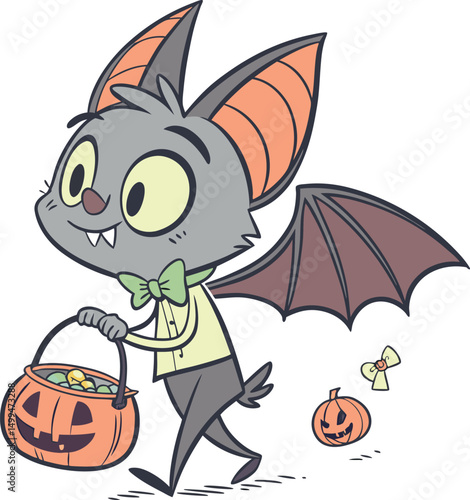 Cute spooky cartoon Halloween witch and black bat with a pumpkin illustration