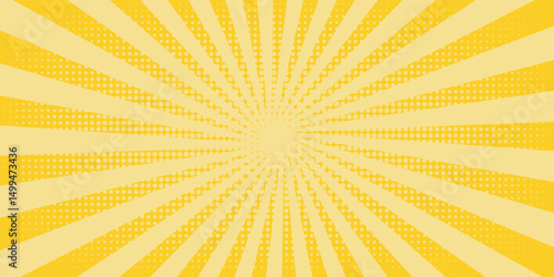 Yellow abstract background with light of sunburst. yellow starburst with halftone. sun ray retro background with flash