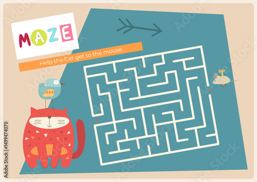 Animals Maze game for children. Help Red Cat find correct path in maze. Vector illustration. Labyrinth quest for kids. Flash cards format. Page for activity book.