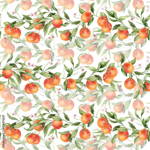 Seamless pattern with watercolor illustration of grapefruit with pink flowers. Hand painted print with grapefruit branche with green leaves on isolated. Citrus food for wrapping paper, textile design
