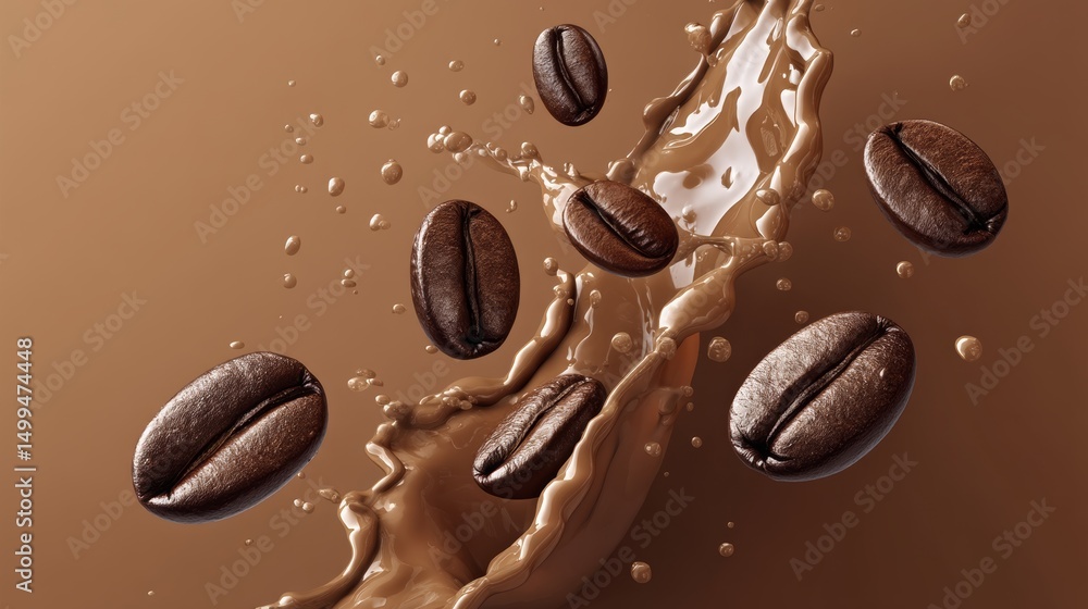 Splash of chocolate with coffee beans floating in it. The beans are scattered around the splash, creating a sense of movement and energy Splash of chocolate with coffee beans floating in it. The beans are scattered around the splash, creating a sense of movement and energy