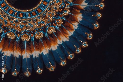 Elegant indigenous medallion with feather design on black background