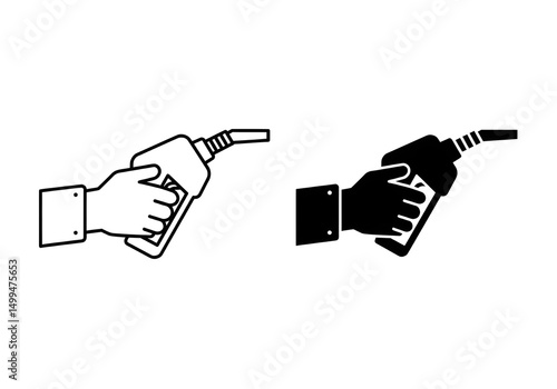Illustration of two hands holding fuel nozzles in outline and solid black on a white background