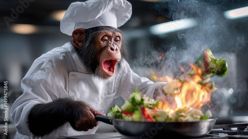 Wallpaper Mural Shocked Chimp Chef Stir-Frying Vegetables in Fiery Kitchen Scene Torontodigital.ca