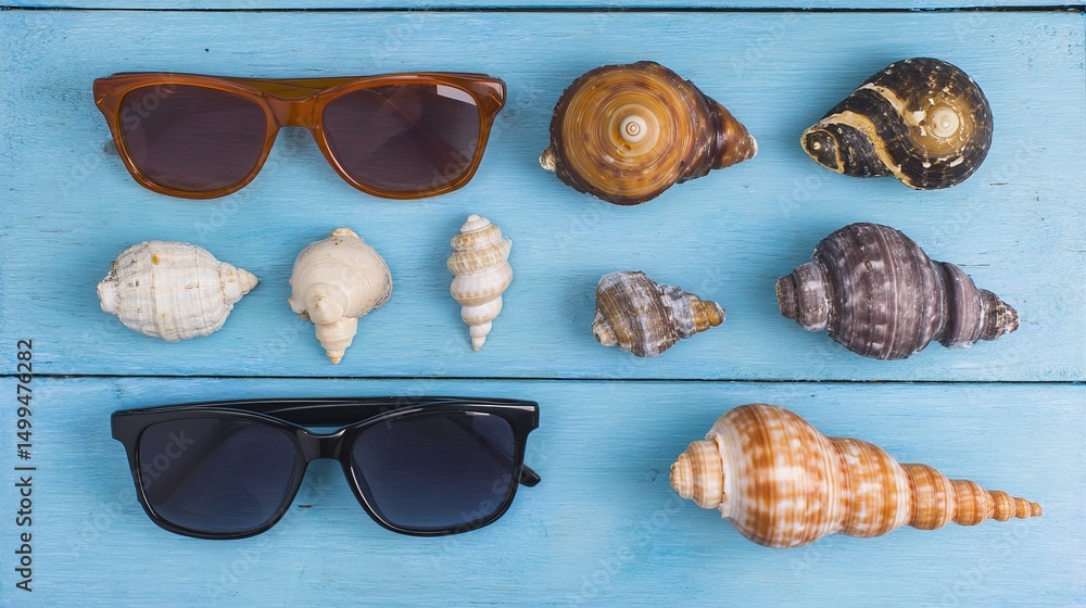 Obraz premium Summer beach essentials with seashells and sunglasses on a blue plank. A vibrant seaside escape.