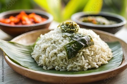 Aromatic rice dish topped with herbs and chutney