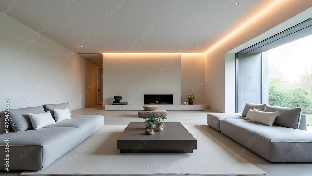 Fototapeta premium Minimalist Living Room with Elegant Neutral Tones – Modern Interior Design