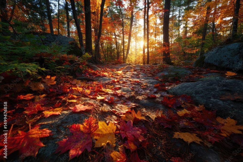 Golden and red leaves dancing in a shaft of sunlight on the forest floor Golden and red leaves dancing in a shaft of sunlight on the forest floor