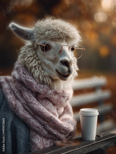 Wallpaper Mural Elegant Alpaca in Pink Scarf and Glasses Relaxing with Coffee in Autumn Torontodigital.ca