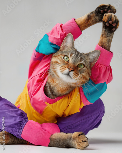 Wallpaper Mural Flexible Cat in Colorful Tracksuit Doing a Yoga Stretch Pose Torontodigital.ca