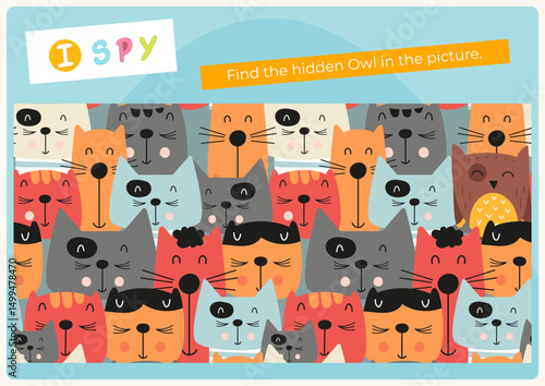 Cute Animals activities for kids. I spy game. Find the hidden owl. Logic games for children. Vector illustration. Game to boost attention and focus. Flash card.