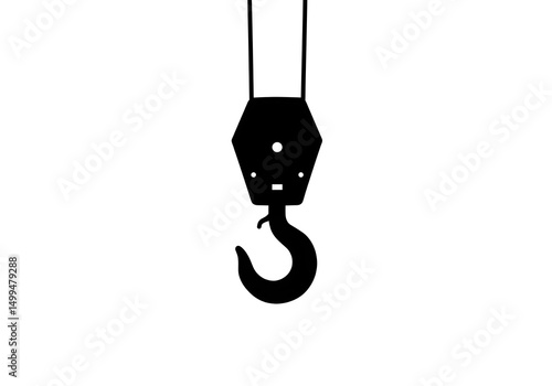 A black and white illustration of a crane hook hanging from above on a white background space