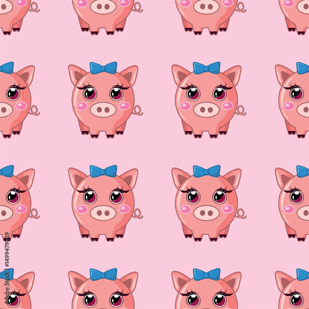Obraz premium Seamless vector pattern with cute cartoon pigs on a pink background. Ideal for kids' fabrics, baby products, school supplies, gift wrap, nursery decor, and kawaii-style designs.