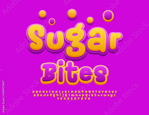 Vector Tasty label Sugar Bites. Playful Yellow Font. Festive Funky Alphabet Letters and Numbers set.