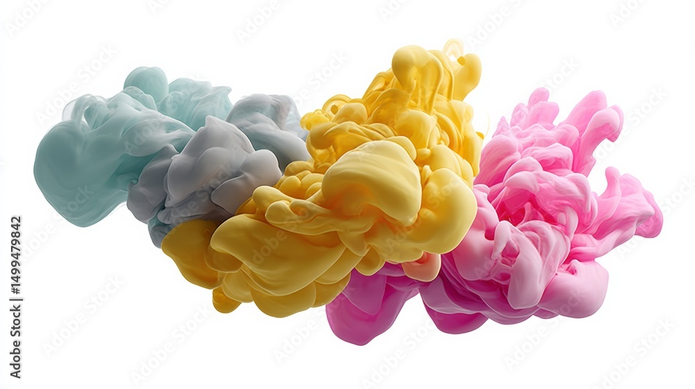 Obraz premium Colorful cloud of smoke with a mix of blue, yellow, and pink colors. The smoke appears to be floating in the air, creating a sense of movement and energy
