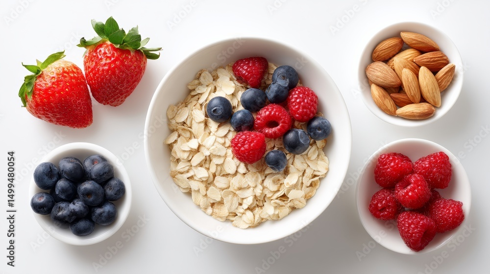 Bowl of oatmeal with blueberries and raspberries is surrounded by bowls of other fruits Bowl of oatmeal with blueberries and raspberries is surrounded by bowls of other fruits