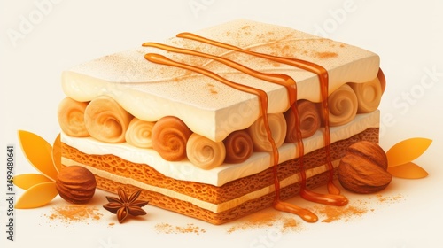 Delicious honey cake with caramel drizzle and nuts, inviting sweet creation
