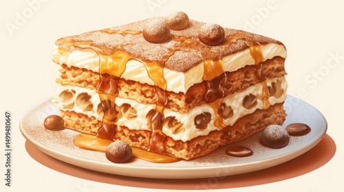 Decadent caramel cake with cream filling and chocolate truffle, a sweet indulgence