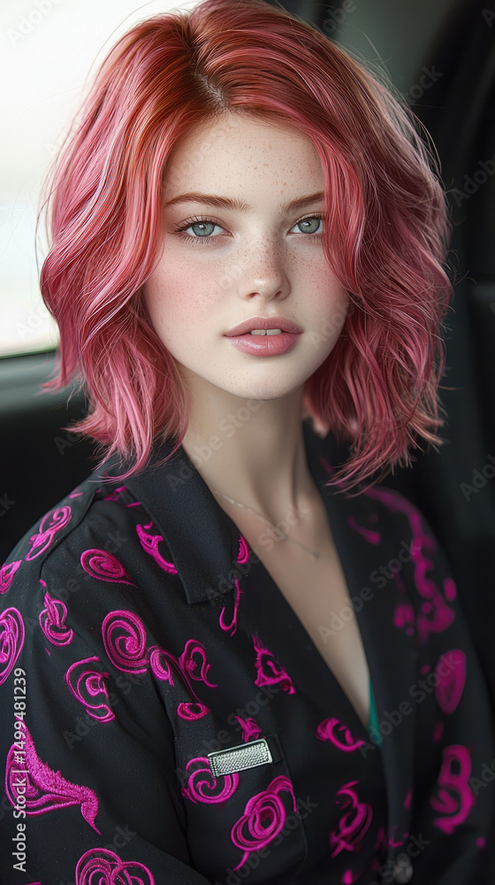 Fototapeta premium Portrait of young woman with pink hair, fair skin, blue eyes, wearing patterned jacket, sitting indoors