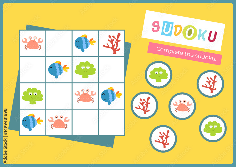 Animals Puzzle game for children. Underwater creatures in Sudoku game. Vector illustration. Learning Page for kids activity book. Worksheet flash card format. Animals Puzzle game for children. Underwater creatures in Sudoku game. Vector illustration. Learning Page for kids activity book. Worksheet flash card format.