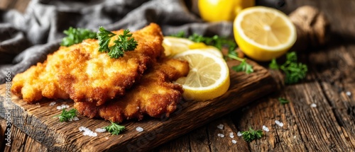 Golden Fried Schnitzel Displayed on Rustic Wooden Board with Lemon Slices and Parsley Garnish Close Up Food Photography