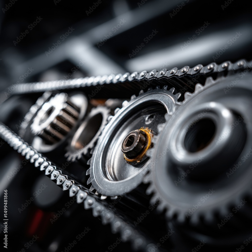 Fototapeta premium Close-up of intricate metal gears and chain working together in a complex mechanical system industrial machinery precision engineering
