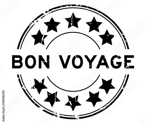 Grunge black word bon voyage with star icon round rubber seal stamp on white background