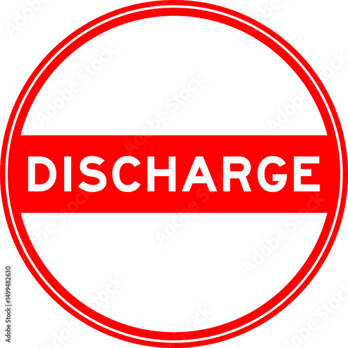 Red color round seal sticker in word discharge on white background