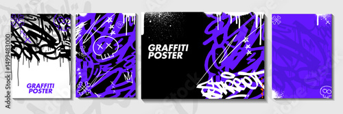 Modern graffiti art poster or flyer design with tags, throw up. Hand-drawn abstract graffiti illustration vector template with spray painted effects