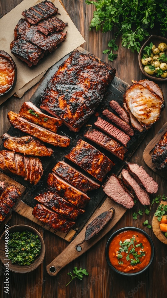 Fototapeta premium A delicious BBQ spread featuring smoked and grilled meats, fresh sides, and garnishes ready for a summer gathering or backyard party