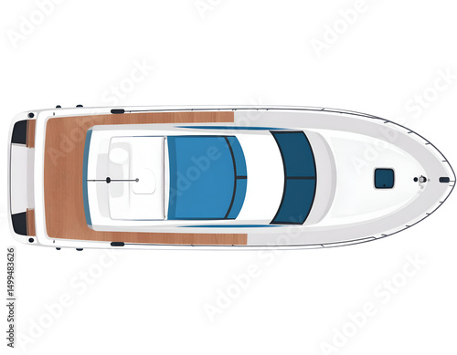 Overhead view of a sleek, modern motor yacht with sun deck and cockpit