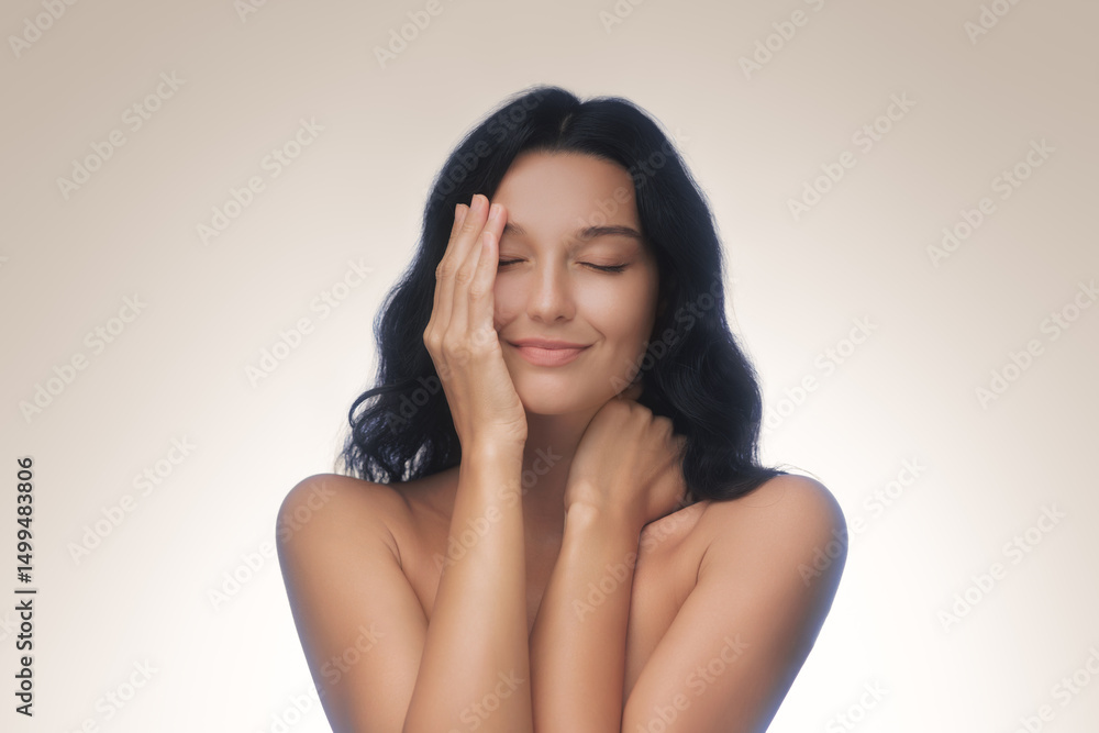 Serene Woman with Dark Hair and Glowing Skin Enjoying Skincare Routine Serene Woman with Dark Hair and Glowing Skin Enjoying Skincare Routine