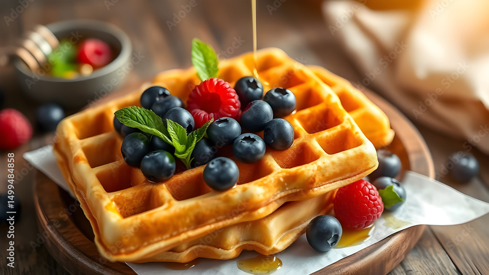 Belgian waffles with golden honey and fresh blueberries, raspberries and mint leaves on a rustic wooden table with a beautiful napkin. Delicious dessert. Copy space. Belgian waffles with golden honey and fresh blueberries, raspberries and mint leaves on a rustic wooden table with a beautiful napkin. Delicious dessert. Copy space.