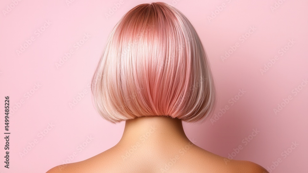 Fototapeta premium Rose elegance straight hair gold ombre coloring, model showcasing sleek beauty against soft pink backdrop, embodying contemporary with