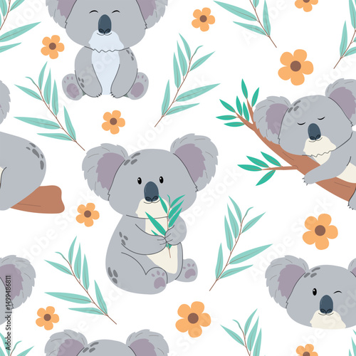 Photography Cute seamless background with koalas and eucalyptus