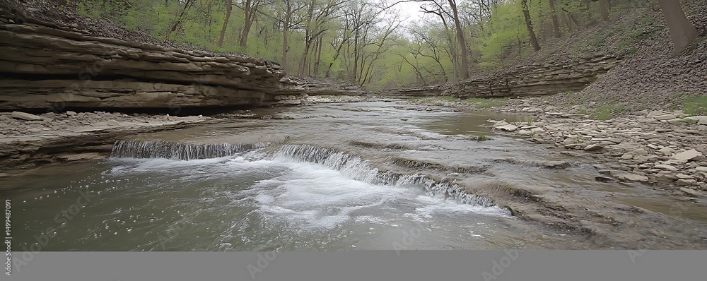 Obraz premium Creek flows through spring forest. Nature scene